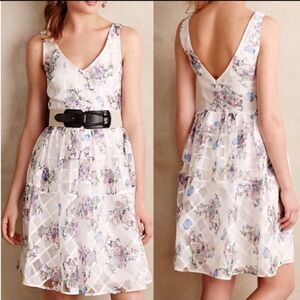 Anthropology Maeve Peony Garden Dress White Organza V-neck Fit & Flare US 10